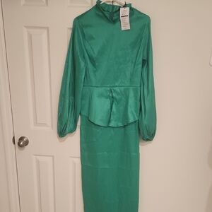 Peplum Long Sleeve Green Dress